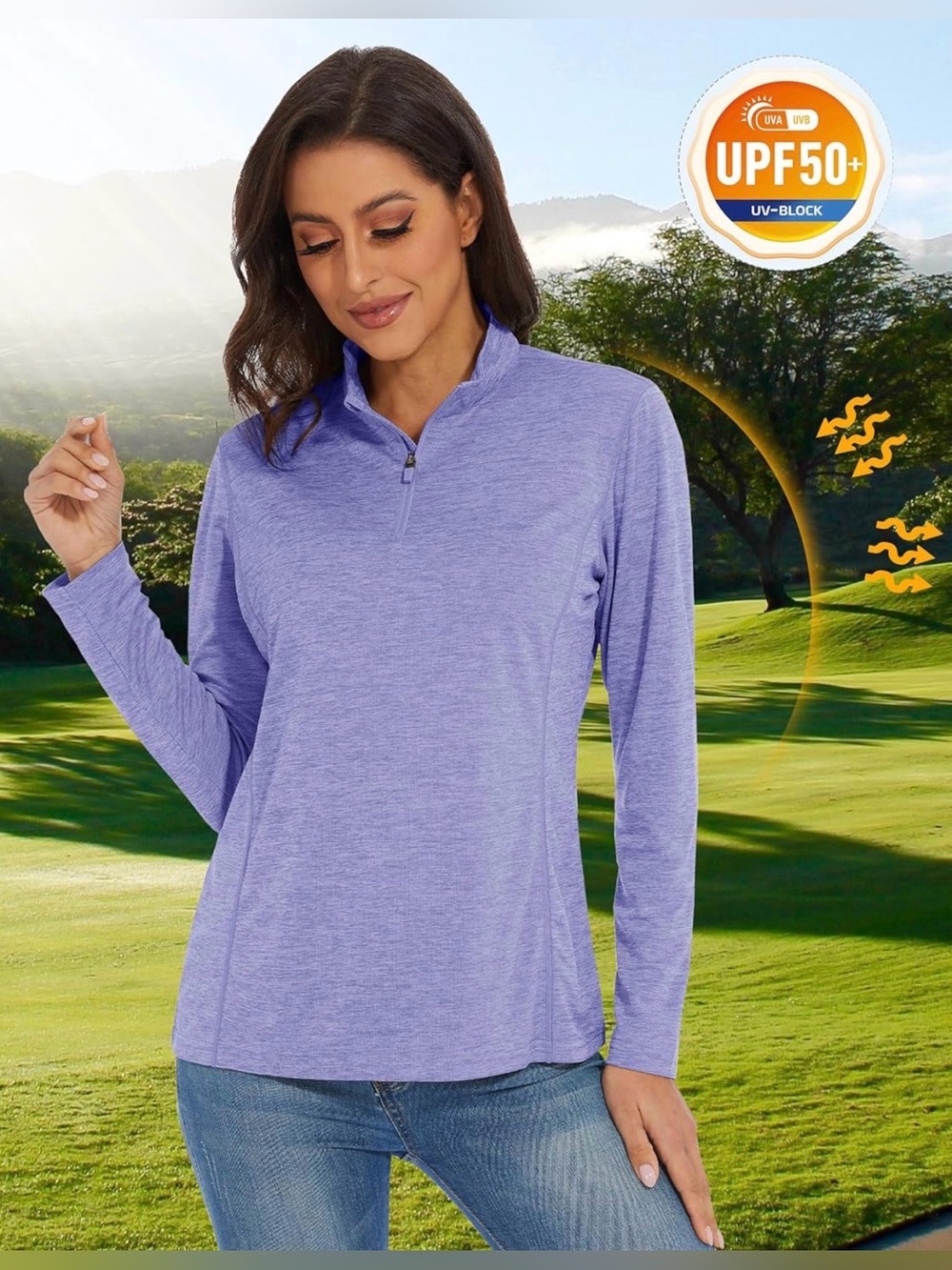 Women's 2X UPF 50+ Quarter-Zip Long Sleeve Sun Shirt - Lavender